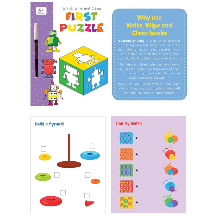 Set of 4 My First Wipe & Clean Activity Books including Activity, Drawing, Puzzle and Dot to Dot with Free Pens