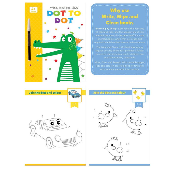 Set of 4 My First Wipe & Clean Activity Books including Activity, Drawing, Puzzle and Dot to Dot with Free Pens