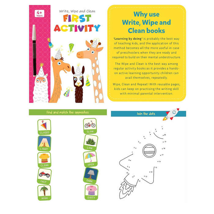 Set of 4 My First Wipe & Clean Activity Books including Activity, Drawing, Puzzle and Dot to Dot with Free Pens