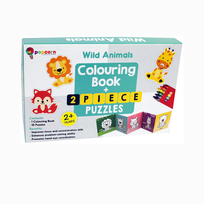 Wild Animals Colouring Book with 2 Piece Puzzles & Crayons