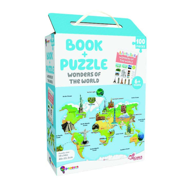 100-piece jigsaw puzzle and colorful picture book introducing kids to the Wonders Of The World