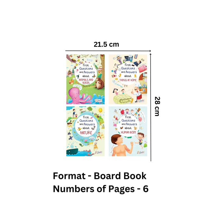 Set of 4 First Questions and Answers Board Books including Human Body, Things at Home, Nature and Animals & Birds